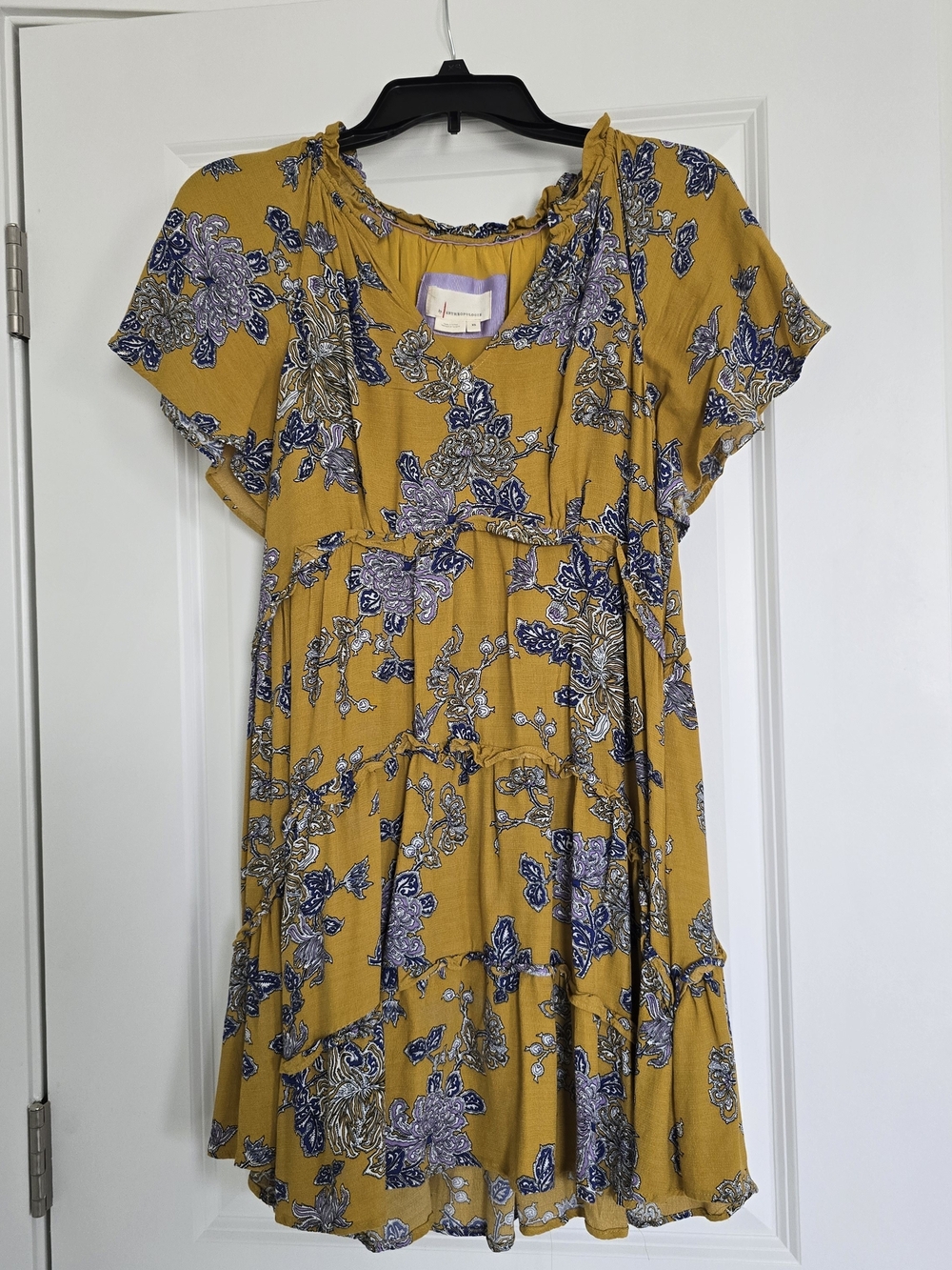 Anthropologie Mustard Floral Tiered Midi Dress with Blue Print